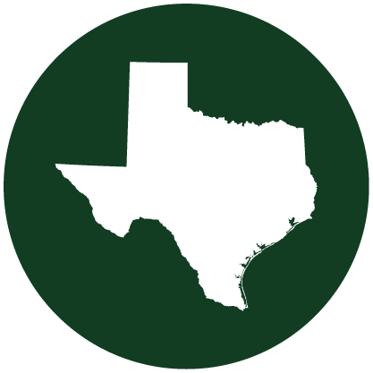 A white silhouette of the state of Texas is centered on a dark green circular background.