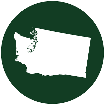 White silhouette of Washington state on a dark green circular background.