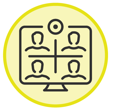 Icon showing a computer monitor with four human outlines in a grid, representing a video conference or virtual meeting.