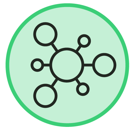 A simple network diagram with a central circle connected to five smaller circles, all within a green-bordered light green circle.