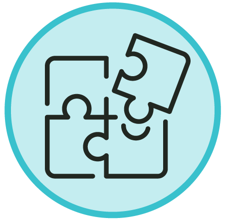 A black outline of four interlocking puzzle pieces inside a light blue circle with a blue border.