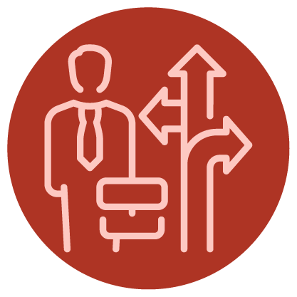 Icon of a person with a briefcase standing next to three arrows pointing in different directions, representing choices or decision-making.