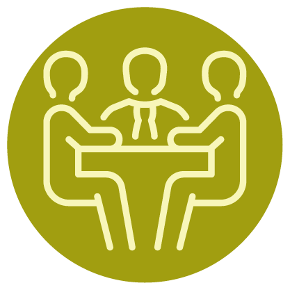 Icon showing three people sitting at a table, two on one side and one on the other, suggesting a meeting or discussion.