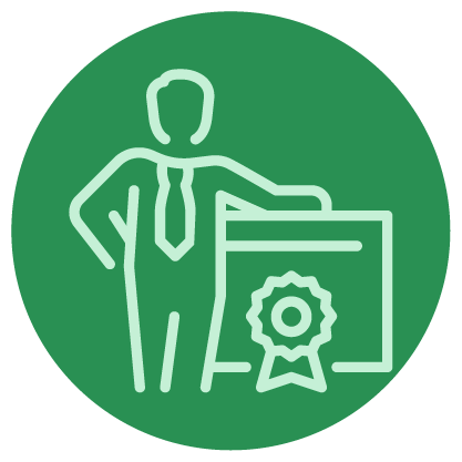 Green circular icon showing a person in a tie standing next to a certificate with a ribbon.