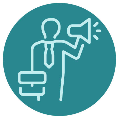 Icon of a person holding a megaphone and a briefcase, wearing a tie, on a teal circular background.