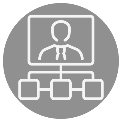 Gray circle icon showing a person in a suit on a screen, connected by lines to three rectangles below, symbolizing organizational structure or hierarchy.