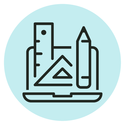 Line drawing of a ruler, triangle, and pencil on top of an open laptop, all within a light blue circle background.