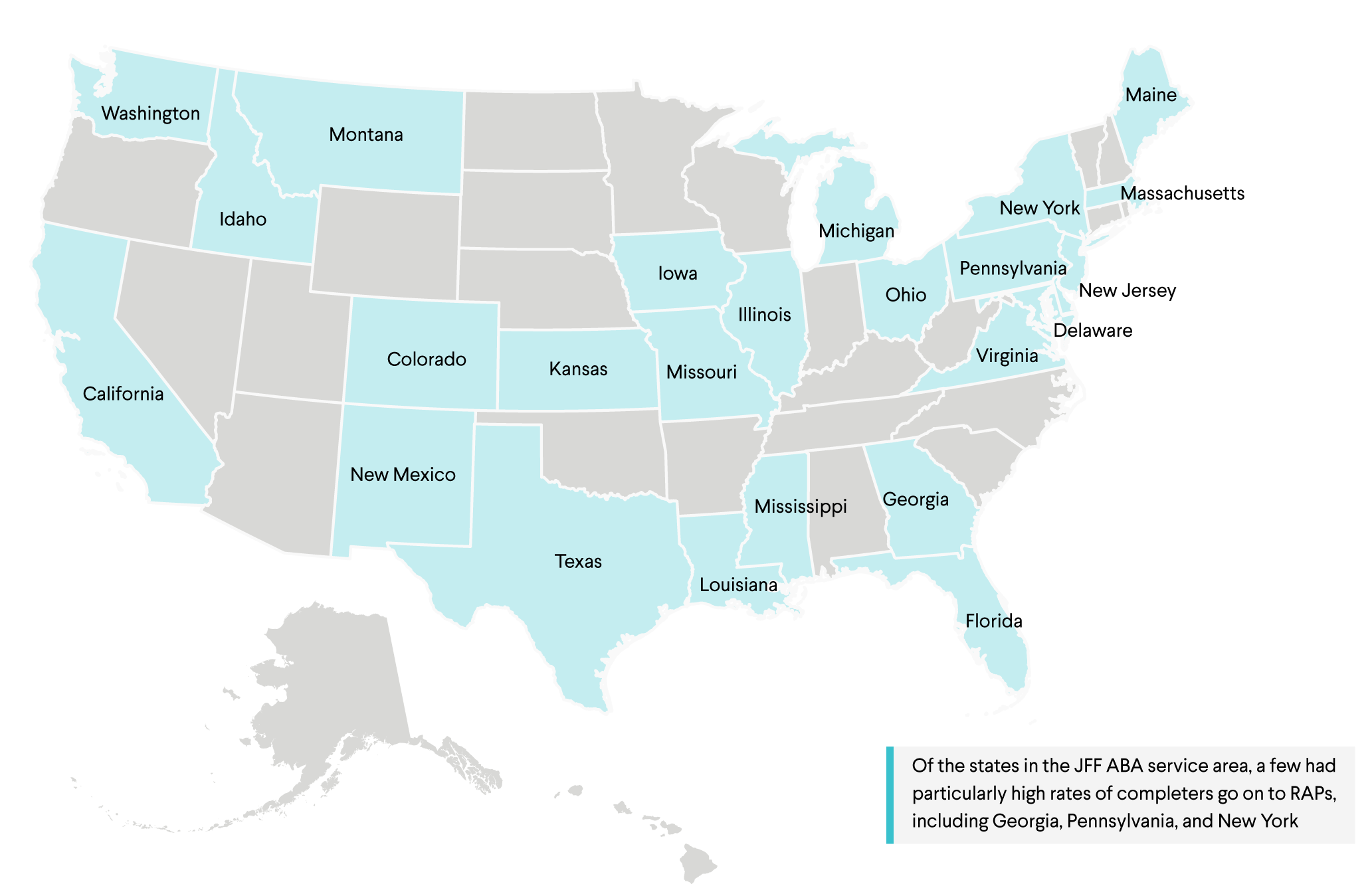 Map of the United States with 15 states highlighted in light blue, indicating states in the JFF ABA service area. Text notes Georgia, Pennsylvania, and New York as notable for RAP completers.