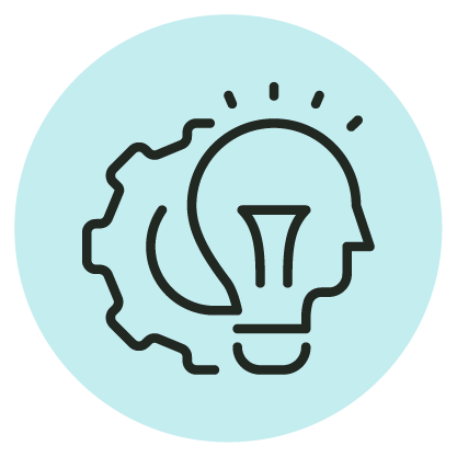 Outline of a light bulb combined with a human head and a gear, symbolizing ideas, innovation, and technical thinking, on a light blue circular background.