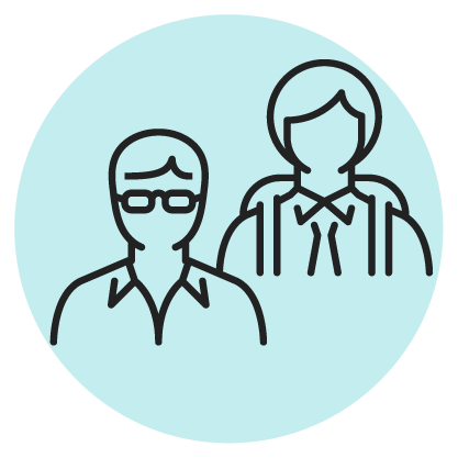Line drawing of two people, one wearing glasses and casual clothes, the other in formal attire with a tie, on a light blue circular background.