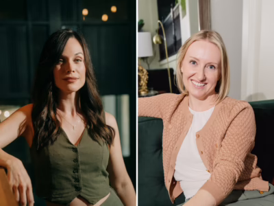 Split image showing two women sitting indoors; the woman on the left has long dark hair and wears a green top, while the woman on the right has blonde hair and wears a tan cardigan over a white shirt.