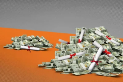 Two piles of U.S. hundred-dollar bills, each with rolled certificates tied with red ribbon, sit on an orange surface against a gray background; one pile is much larger than the other.