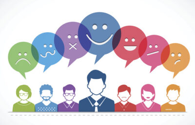 Illustration of diverse people with colored speech bubbles above them, each showing a different facial expression representing various emotions.