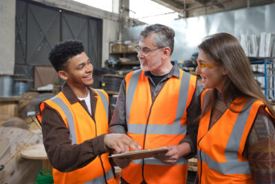 Three people in orange safety vests stand in a warehouse, looking at a clipboard and smiling while having a discussion.