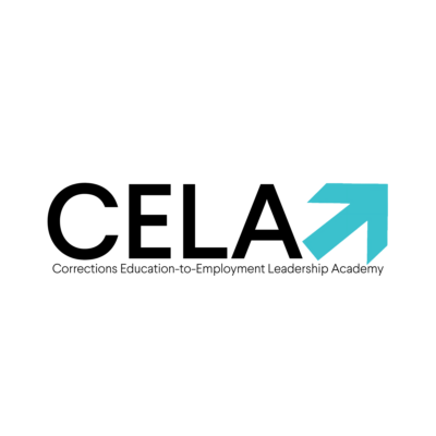 Logo for Corrections Education-to-Employment Leadership Academy (CELA) with a blue arrow pointing upward to the right.