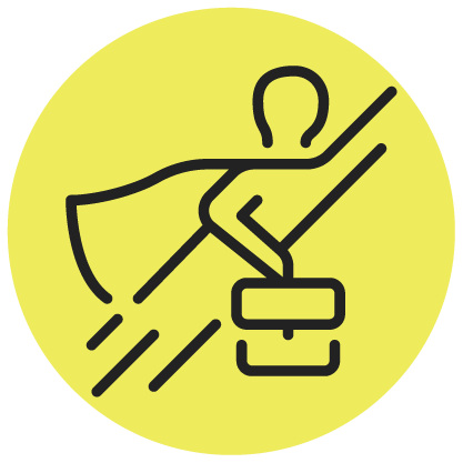 Black line drawing of a person with a cape and briefcase in a yellow circle, suggesting a superhero in a business context.