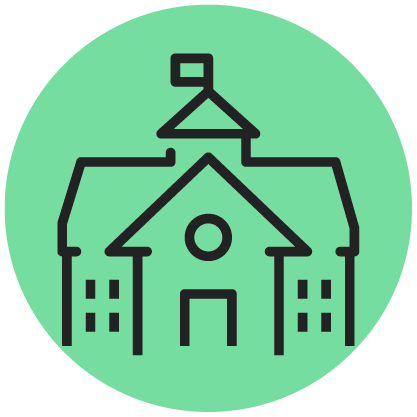 Black outline of a school building with a flag on top, centered on a green circular background.