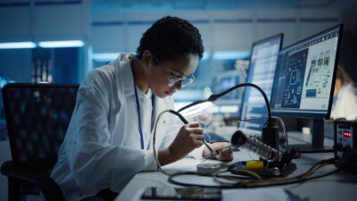 A person in a lab coat and glasses works on electronic components at a desk, using a soldering tool, with computer monitors and equipment in a laboratory setting.