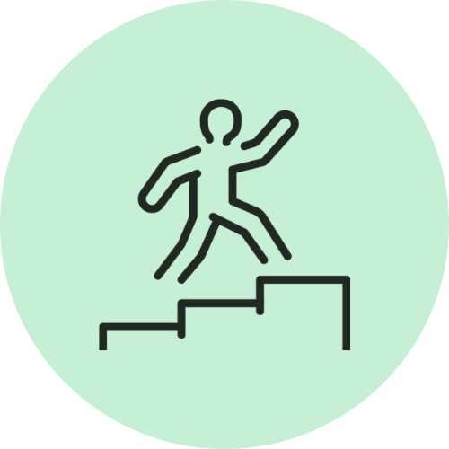 Simple line drawing of a person walking up a set of stairs, shown in black on a light green circular background.