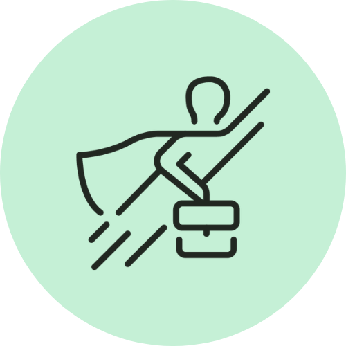 Line drawing of a person wearing a cape and holding a briefcase, symbolizing a business professional as a superhero, on a light green circular background.