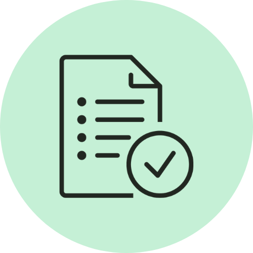 Outlined icon of a document with bullet points and a large checkmark in a circle, set against a light green circular background.