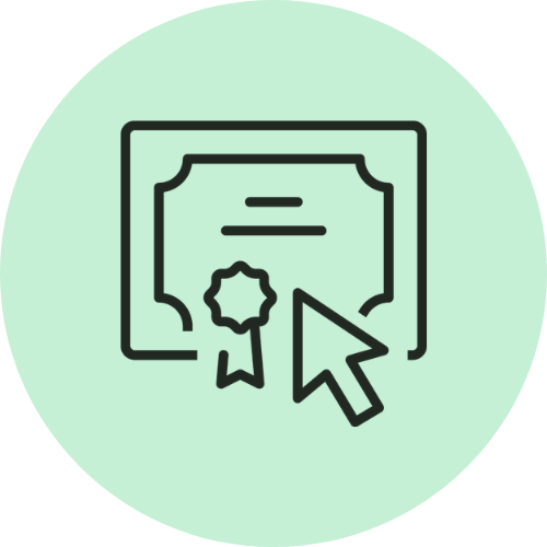 Line drawing of a certificate with a ribbon and a computer cursor in front, on a light green circular background.