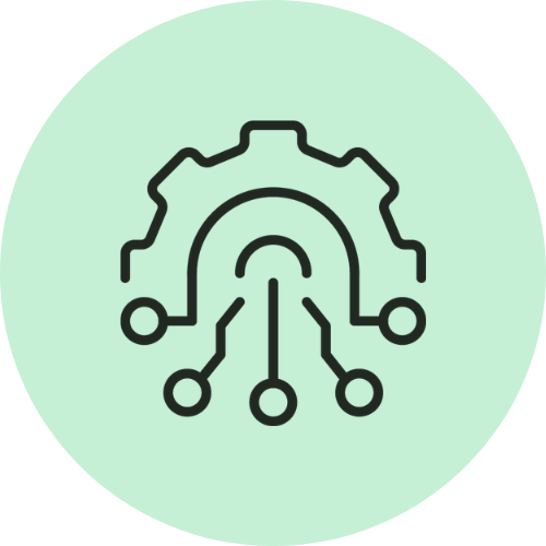 Black gear and circuit lines icon on a light green circular background, representing technology or automation concepts.