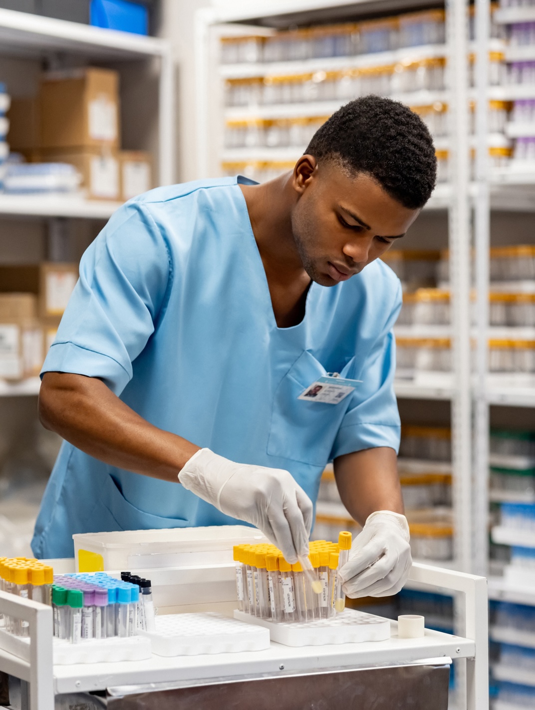 A lab technician in blue scrubs and gloves handles test tubes in a laboratory setting with shelves of supplies in the background.