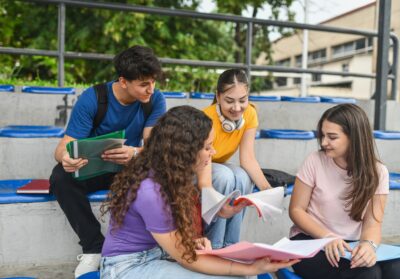 Four students sit on outdoor stadium bleachers looking at open folders and papers.